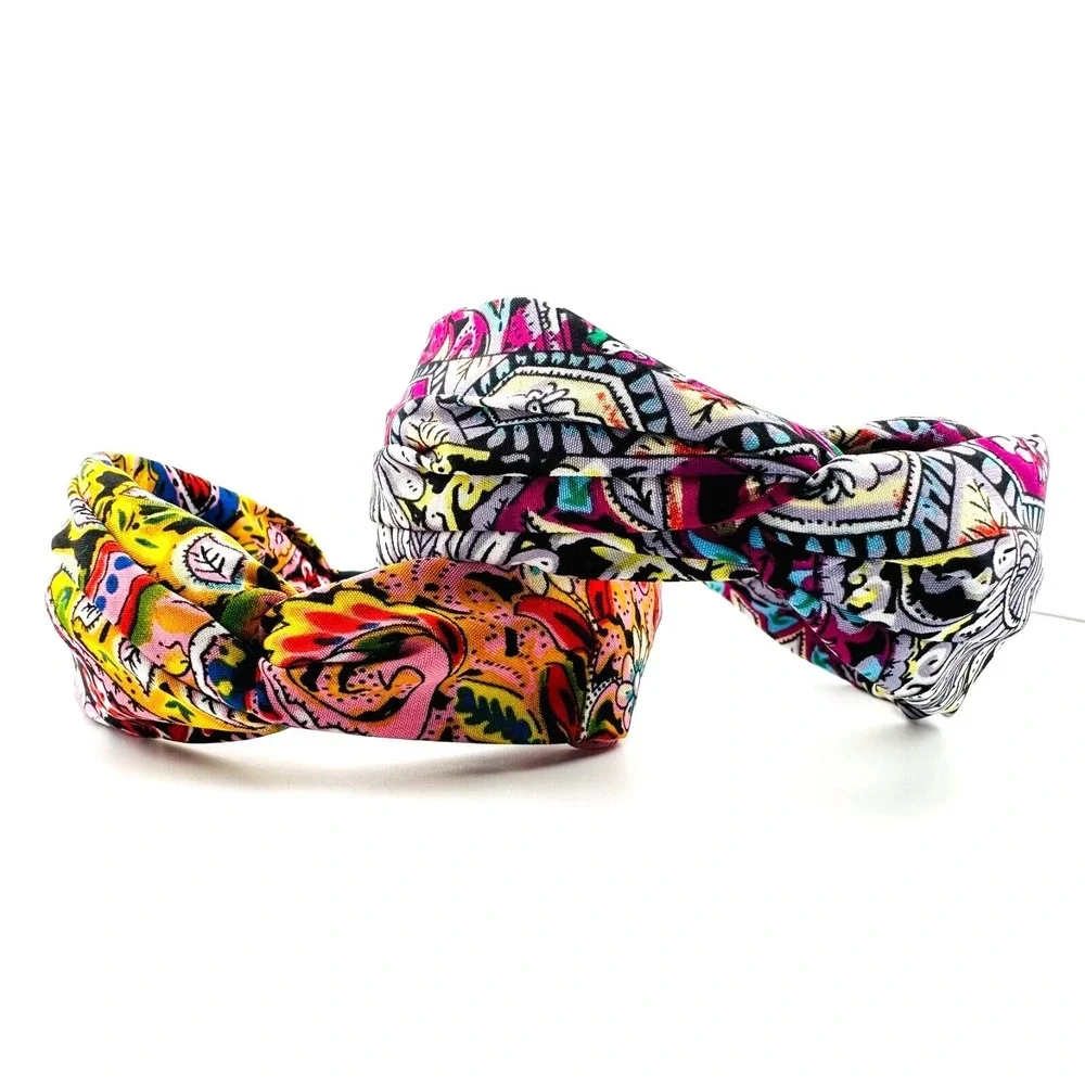 Pair of 2 Colorful Bohemian Bandana Top Knot Headbands Cotton Blend 2.5